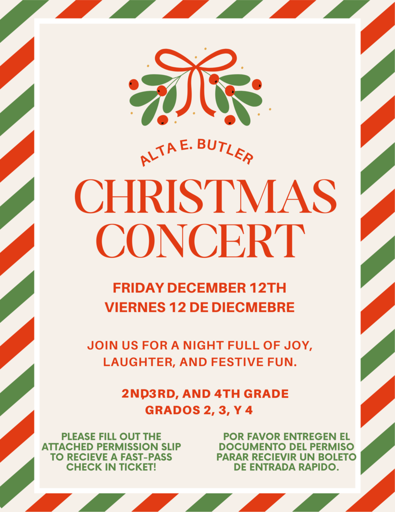 The 2nd, 3rd &4th Grade Butler Winter Concerts will be on Friday, December 12th. Students need to arrive at 4:15 pm and the Concerts will be held at Morris K. Udall Middle School.  Los Conciertos de Invierno de Butler para los estudiantes de 2do, 3ero, y 4to grado serán el viernes 12 de diciembre. Los alumnos deben llegar a las 4:15 pm. Los conciertos se celebrarán en la Escuela Secundaria Morris K. Udall.