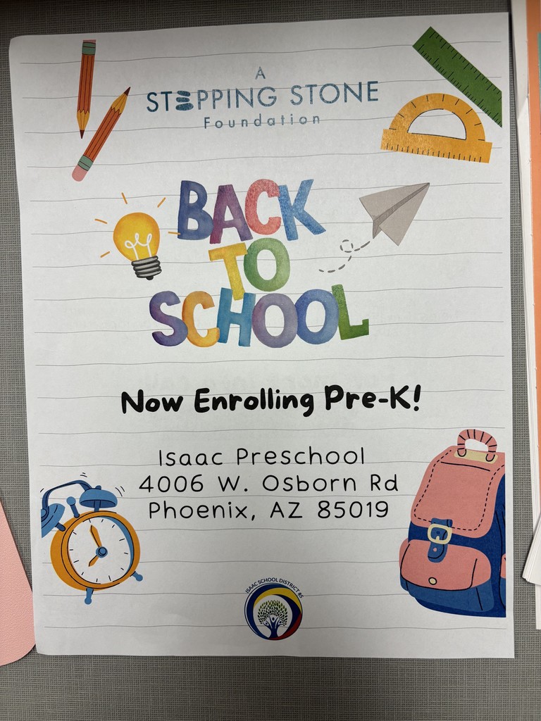 Back to School flyer with school-item cartoon images (backpack, alarm clock, pencils, and rulers) with the school's address and logo