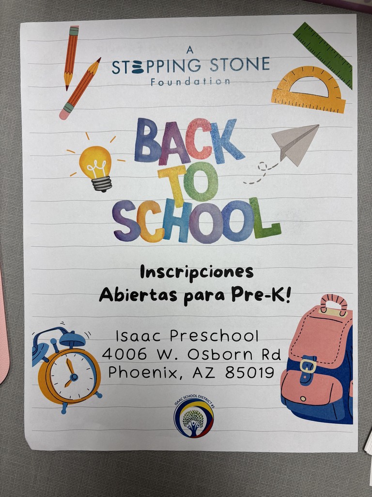 Folleto de regreso a clases con imágenes de dibujos animados de artĂculos escolares (mochila, reloj despertador, lápices y reglas) con la direcciĂłn y el logotipo de la escuela.