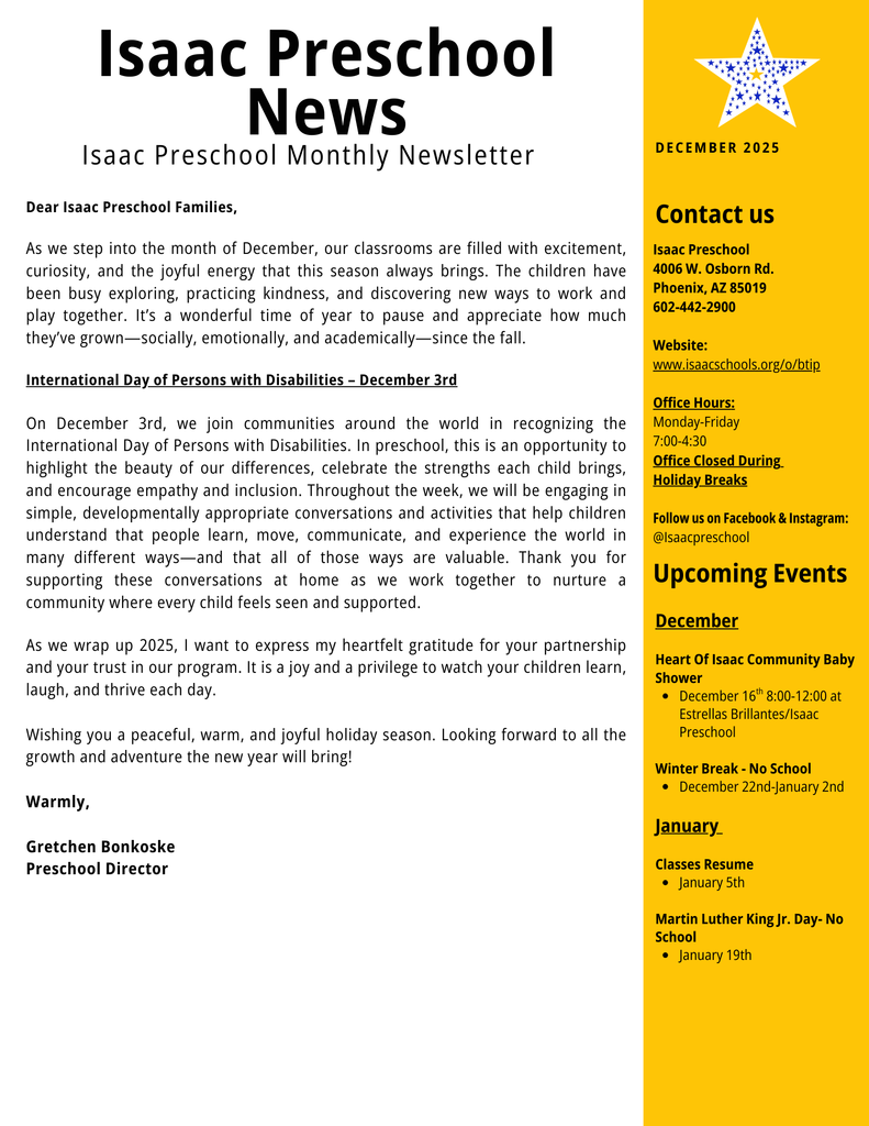 Preschool newsletter page including a note from the director, upcoming events, and office hours for December and January