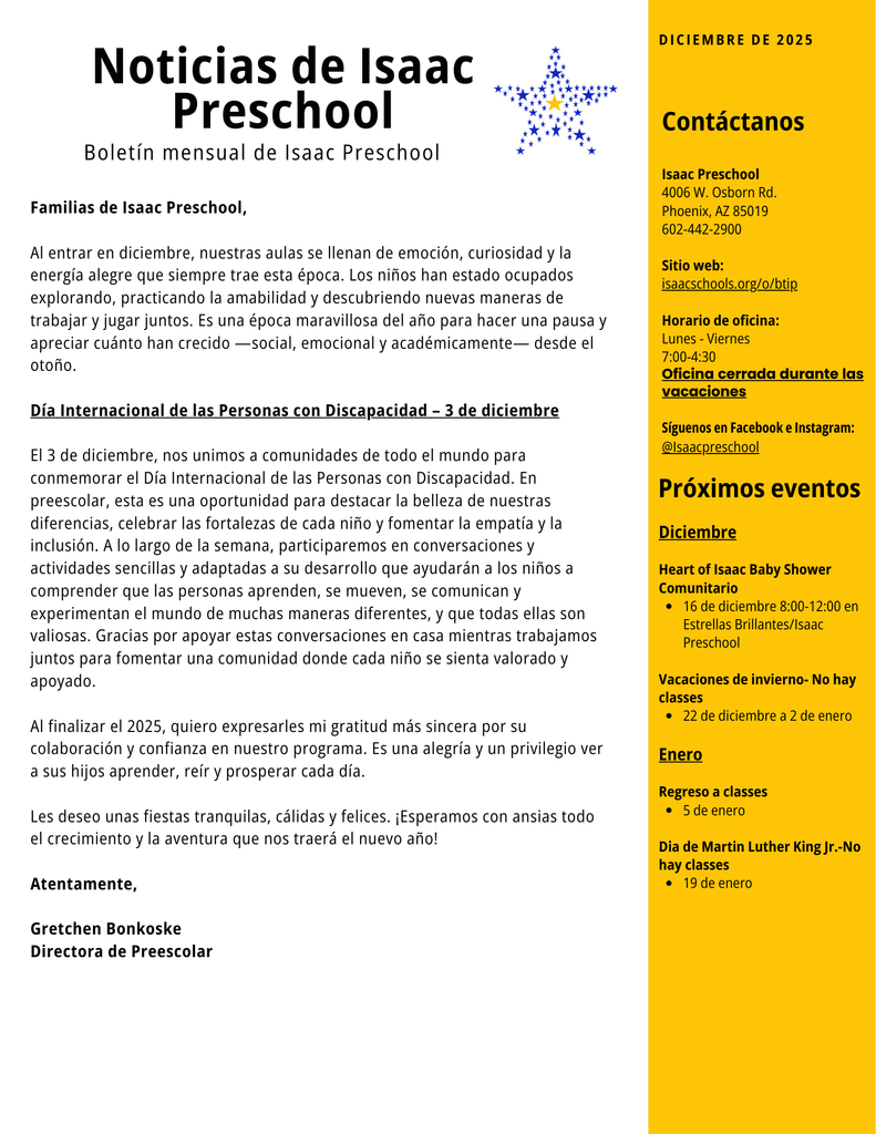 Página del boletĂn de preescolar que incluye una nota del director, prĂłximos eventos y horarios de oficina para diciembre y enero