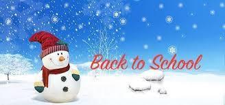 Winter background with a cartoon snowman next to red letters that say "back to school"