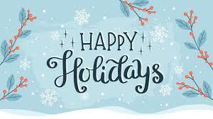 "Happy Holidays" is written in blue text with snowflakes and cranberry bush branches around the text