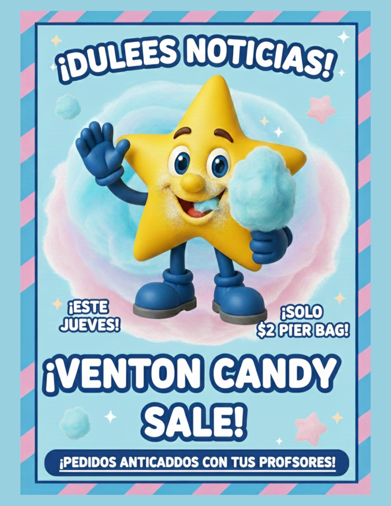 A brightly colored, exciting flyer advertising a Cotton Candy Sale. The background is light blue with a pink and blue striped border. The school mascot, a cheerful, yellow anthropomorphic star wearing blue boots and gloves, is centered, smiling and holding a light blue puff of cotton candy. Large, playful white text at the top reads: "SWEET NEWS!" Below the mascot, the text continues: "THIS THURSDAY!" and "ONLY $2 PER BAG!" The main focus in the bottom center reads: "COTTON CANDY SALE!" and the final line says: "PRE-ORDER THROUGH YOUR TEACHERS!" The flyer uses celebratory, fun fonts and features small star and cotton candy graphics.