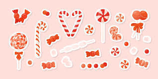 Different red-and-white candies against a light pink background