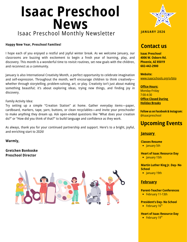 School newsletter with a message from the director and a yellow column with upcoming events and office info
