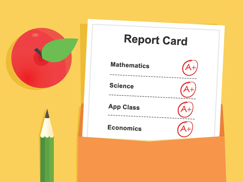 A report card coming out of a manila envelope that has the classes "mathematics, science, app class, and economics" listed, and an A+ grade next to each. In the background there is a red apple and a green pencil.