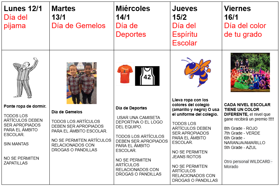 El lunes 1 de diciembre es el Día del Pijama. Vistan ropa de dormir. TODAS LAS PRENDAS DEBEN SER ADECUADAS PARA LA ESCUELA. No se permiten mantas ni pantuflas. El martes 13 de enero es el Día de los Gemelos. TODAS LAS PRENDAS DEBEN SER ADECUADAS PARA LA ESCUELA. No se permiten artículos relacionados con drogas o pandillas. El miércoles 14 de enero es el Día del Deporte. Vistan una camiseta deportiva o con el logo de un equipo. TODAS LAS PRENDAS DEBEN SER ADECUADAS PARA LA ESCUELA. No se permiten jeans rotos ni artículos relacionados con drogas o pandillas. El jueves 15 de enero es el Día del Espíritu Escolar. Vistan ropa con los colores de la escuela (amarillo y negro) o ropa con el logo de la escuela. TODAS LAS PRENDAS DEBEN SER ADECUADAS PARA LA ESCUELA. No se permiten jeans rotos ni artículos relacionados con drogas o pandillas. El viernes 16 de enero es la Guerra de Colores. Cada grado tiene un color diferente. ¡El grado ganador recibirá un premio! Octavo grado viste de rojo. Séptimo grado viste de verde. Sexto grado viste de naranja o amarillo. Quinto grado viste de azul. El personal viste de morado.