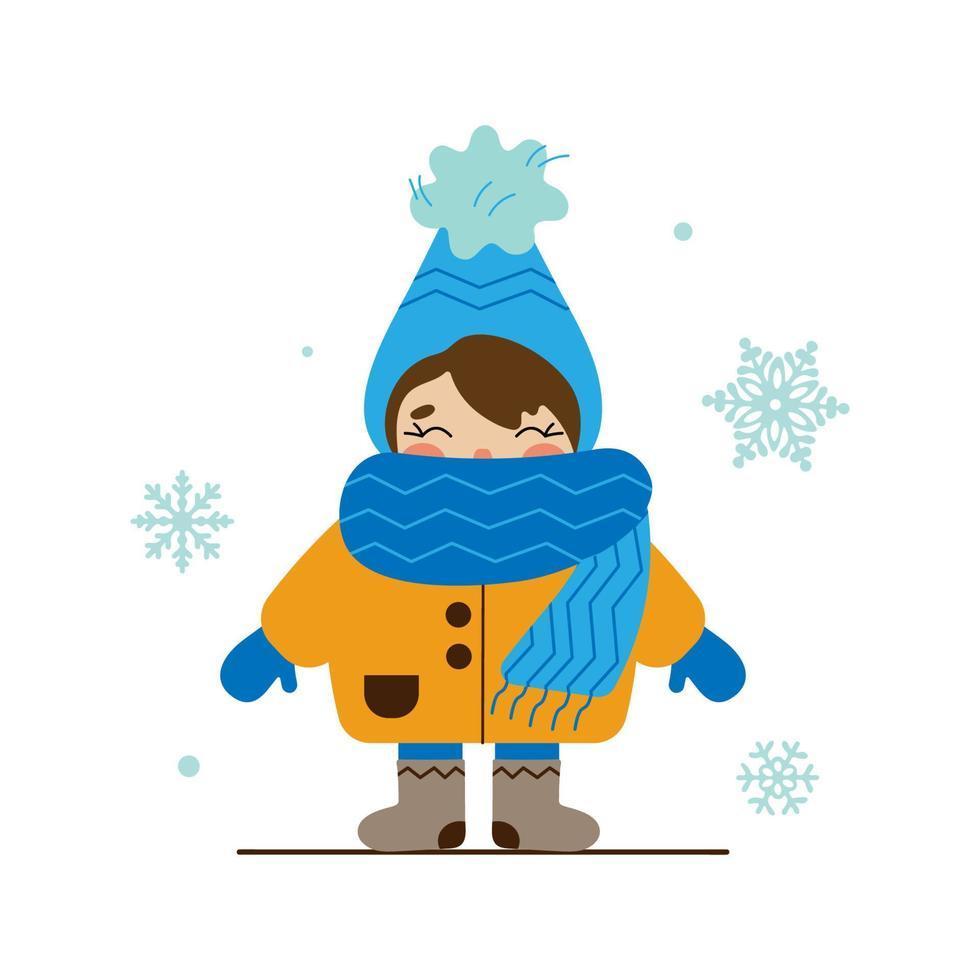Cartoon of kid wearing winter gear with snowflakes around him