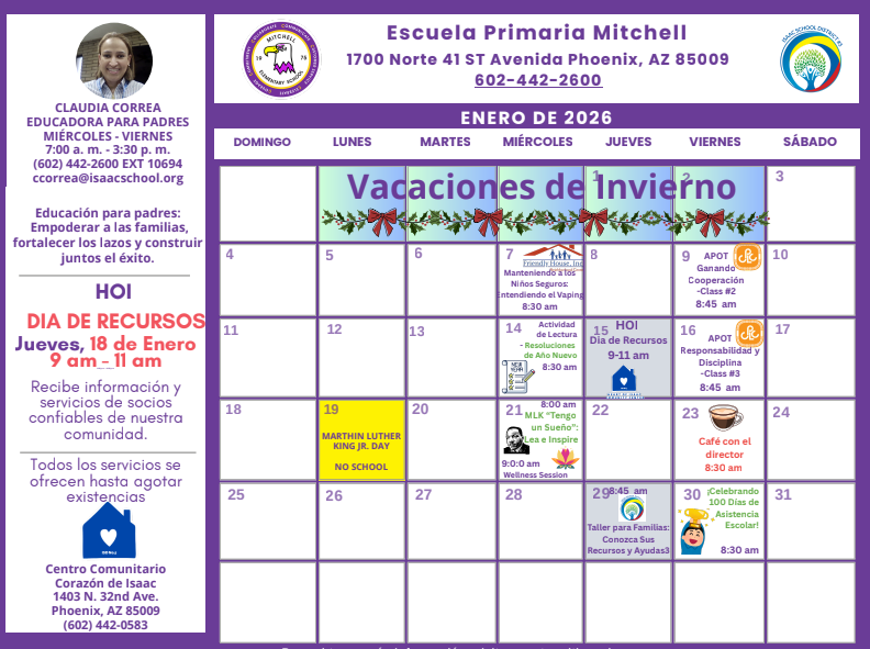 Calendario de la educacion de padres para el mes de enero