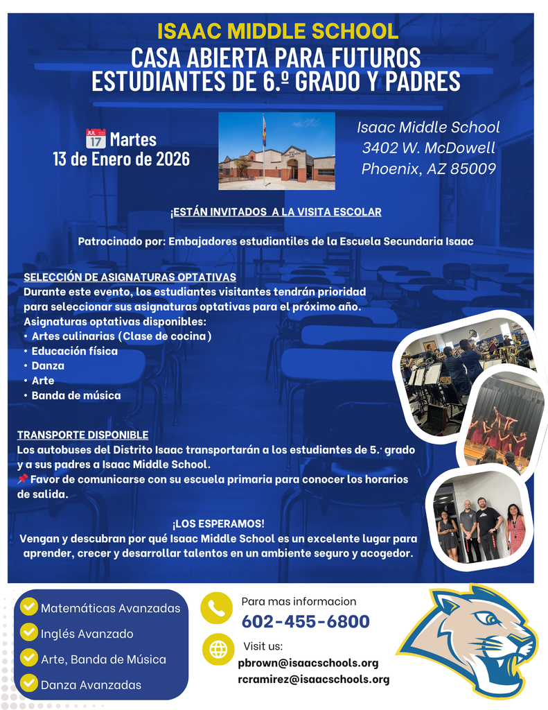 🎓✨ Future 6th graders & families are invited! ✨🎓  Come tour Isaac Middle School, meet our team, and explore exciting elective classes.  📅 January 13 | 🕘 9:00 a.m. 🚍 Transportation available  See you soon! 💙 #IMS #FutureCougars #OpenHouse