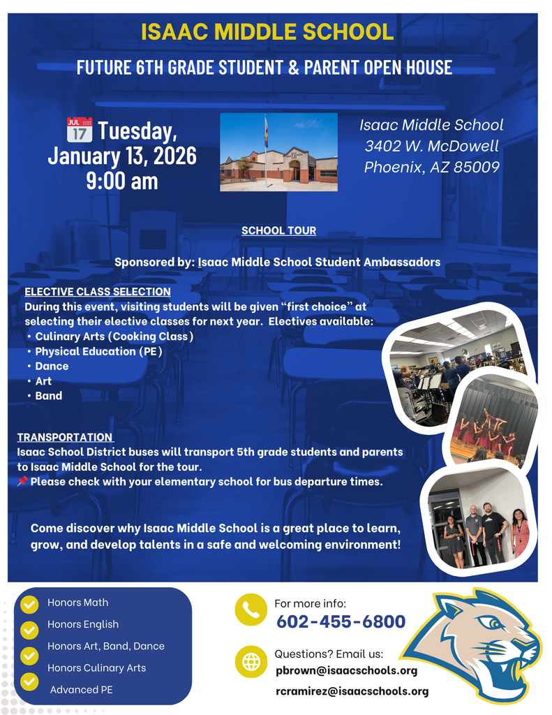 🎓✨ Future 6th graders & families are invited! ✨🎓  Come tour Isaac Middle School, meet our team, and explore exciting elective classes.  📅 January 13 | 🕘 9:00 a.m. 🚍 Transportation available  See you soon! 💙 #IMS #FutureCougars #OpenHouse