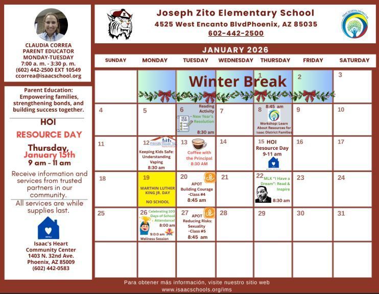 Parent Coordinator Calendar for Families! 
