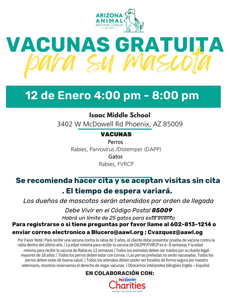 Today: Pet Vaccine Clinic in the Isaac Middle School GYM starting at 4:00 p.m.