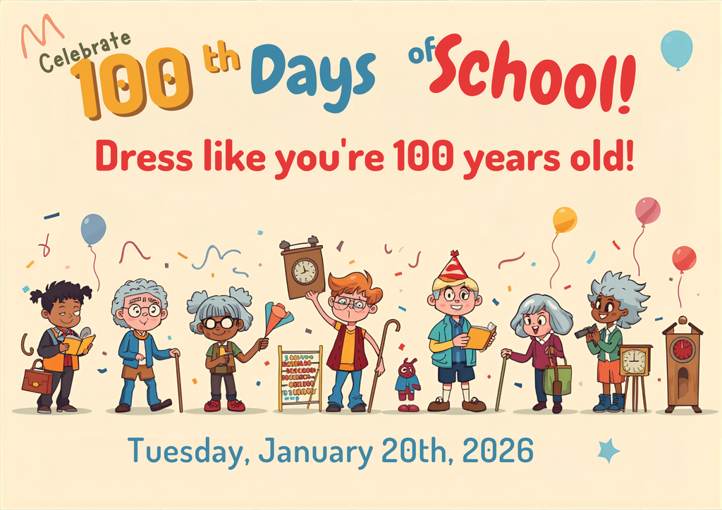 An illustrated flyer on a cream background with confetti and balloons. At the top, large colorful text reads, "Celebrate 100th Days of School!" Below that, red text says, "Dress like you're 100 years old!". Across the middle is a diverse group of seven children dressed up as elderly people with grey hair, glasses, vests, and shawls, holding props like canes, a grandfather clock, and an abacus. At the bottom, blue text indicates the date: "Tuesday, January 20th, 2026".