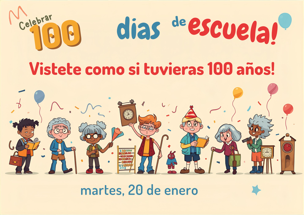 An illustrated flyer, the Spanish version of the previous image. On a cream background with confetti, large colorful text at the top reads, "Celebrar 100 días de escuela!". Below that, red text says, "Vístete como si tuvieras 100 años!". The same illustrations of diverse children dressed as elderly people with canes and clocks are in the middle. At the bottom, blue text indicates the date: "martes, 20 de enero".