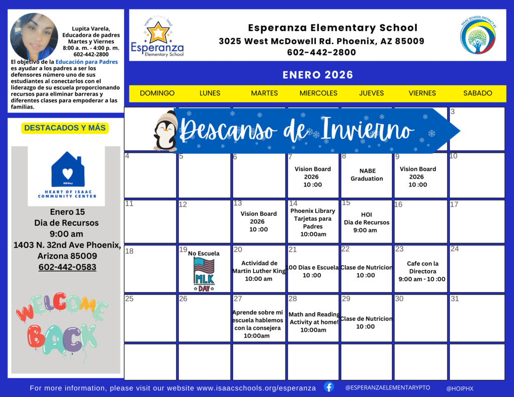 A full-page monthly calendar for January 2026 from Esperanza Elementary School, located at 3025 West McDowell Rd. Phoenix, AZ 85009. The calendar is designed with a blue and white theme and includes school contact information, a sidebar for parent resources, and a grid of daily events.
