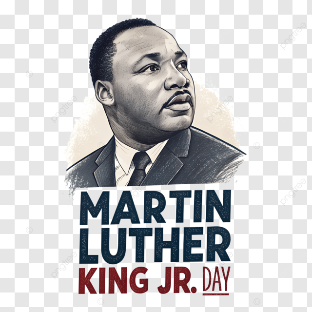 Image of MLK Jr. above text saying "Martin Luther King Jr. Day" in red and blue lettering