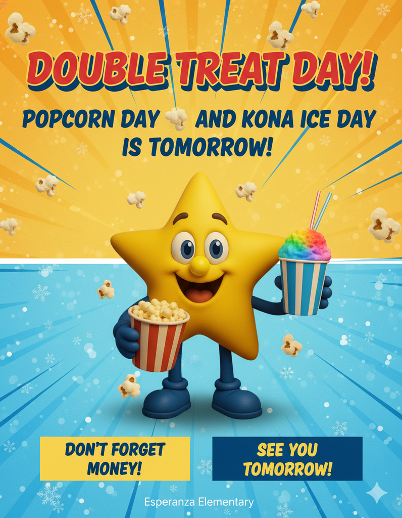A bright and energetic promotional flyer for a school popcorn sale. The background features a vibrant blue sunburst pattern with floating pieces of popcorn throughout. In the center is a cheerful, 3D-style yellow star mascot with a small, round yellow nose and wearing dark blue gloves. The mascot is smiling and holding a red-and-white striped popcorn bucket filled with popcorn, while holding a single kernel near its mouth.