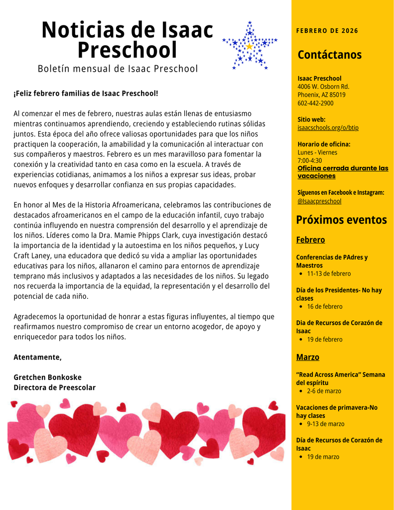 Página del boletĂn informativo del jardĂn de infancia que incluye una nota de la directora, prĂłximos eventos y horario de atenciĂłn de la oficina para febrero y marzo.