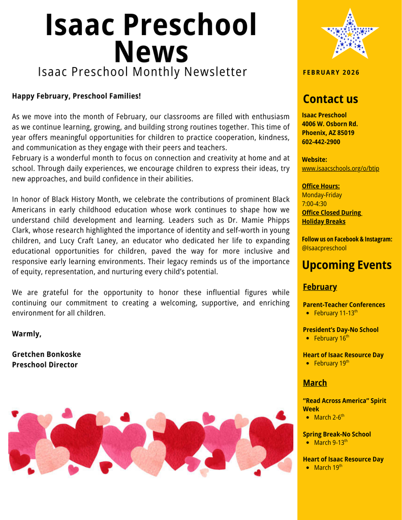 Preschool newsletter page including a note from the director, upcoming events, and office hours for February and March