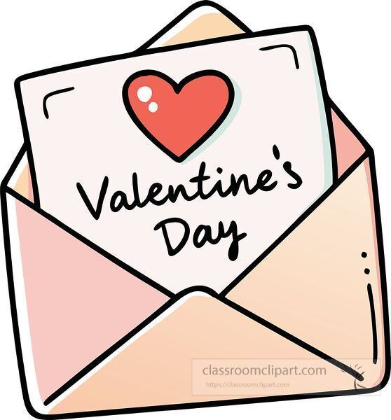 A pink envelope hold a white note that has a heart on it and reads "valentine's day"