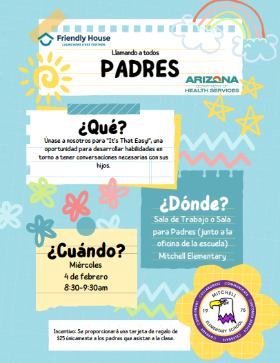 Folleto informativo sobre un taller para padres; ¡Atención a todos los padres! Únanse a nosotros en "Es así de fácil", una oportunidad para desarrollar habilidades y aprender a tener conversaciones importantes con sus hijos.