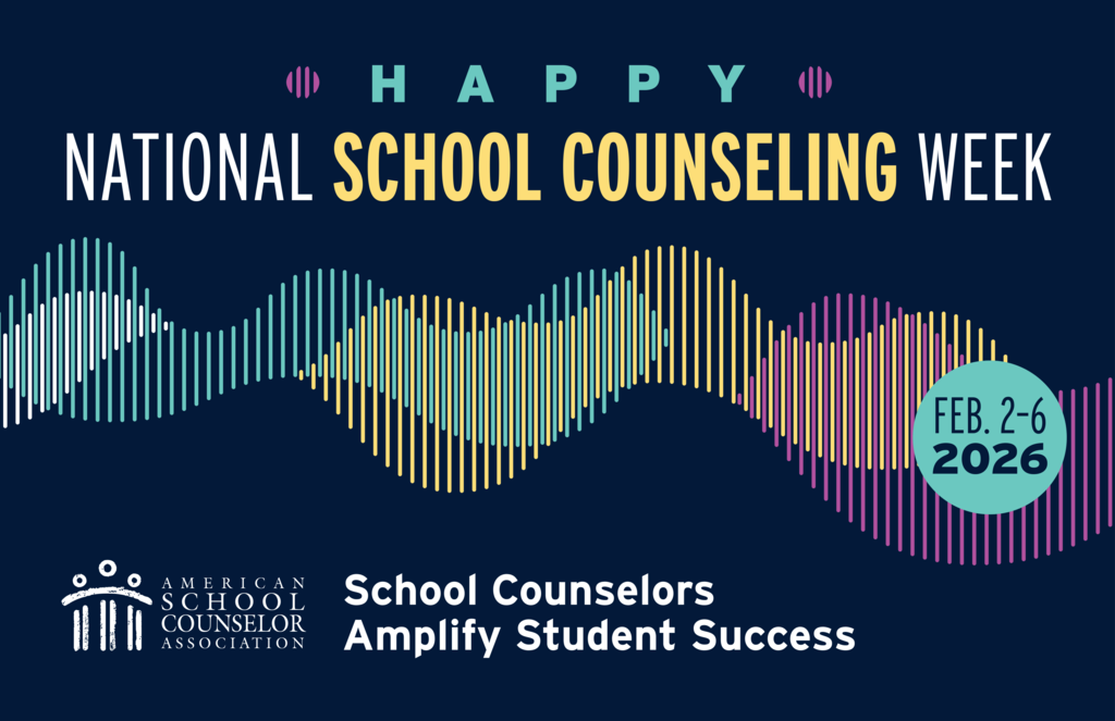 The image is a horizontal digital flyer on a dark navy blue background. Header Text: At the top center, the word "HAPPY" is written in light teal, flanked by two pink vibration icons. Below it, in large white and yellow capital letters, are the words "NATIONAL SCHOOL COUNSELING WEEK." Central Visual: A vibrant, multi-colored soundwave graphic (composed of vertical lines in teal, yellow, and pink) stretches across the middle of the frame. Main Announcement: Overlaid on the soundwave in bold white text is the phrase "Celebrating Our Amazing School Counselor!" Key Details: * To the right, a teal circle contains the dates "FEB. 3-7 2026." In the bottom right corner, a teal rounded rectangle features the text "Spotlight on Dr. Jen Ravenwood!" Footer Information: * At the bottom left is the white logo for the American School Counselor Association. Next to the logo, the text reads: "School Counselors Amplify Student Success." Accents: Colorful confetti (teal, pink, and yellow) is scattered in the top right corner.