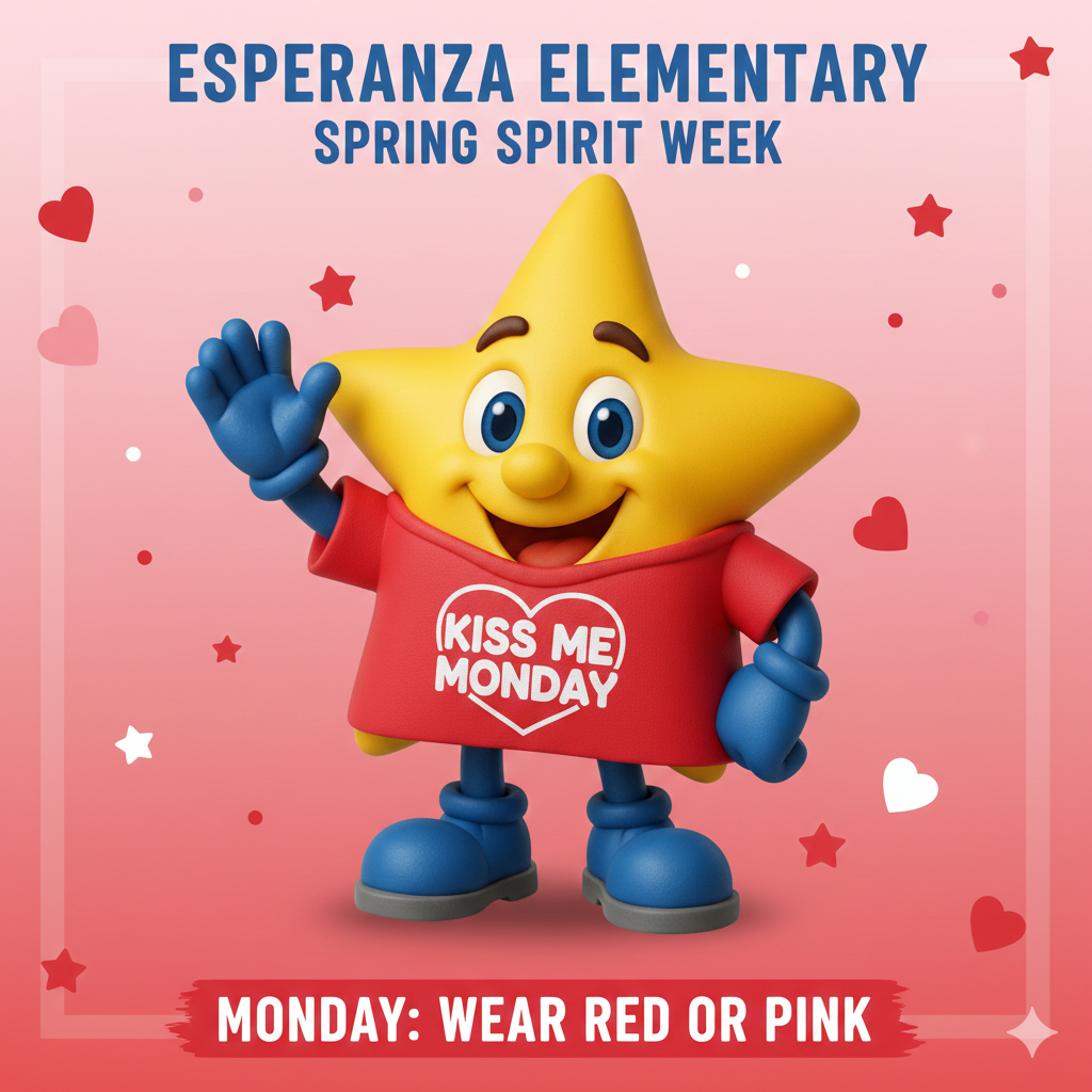 Title: Esperanza Elementary Spring Spirit Week - Monday: Wear Red or Pink Visual Elements: Central Character: A friendly, 3D-style animated yellow star mascot with a happy expression, blue eyes, and a wide smile. The star has blue-gloved hands and is waving with its right hand. It is wearing a bright red t-shirt and blue boots. T-shirt Detail: The red t-shirt features a white heart outline in the center containing the text "KISS ME MONDAY" in bold, white capital letters. Background: A soft pink gradient background decorated with floating red and white hearts and small stars of various sizes. Header Text: At the top, the text reads "ESPERANZA ELEMENTARY" in dark blue, with "SPRING SPIRIT WEEK" in a slightly smaller blue font below it. Footer Text: A red brush-stroke banner at the bottom contains the text "MONDAY: WEAR RED OR PINK" in bold white capital letters. Text Summary: The image is a promotional graphic for Esperanza Elementary’s Spirit Week. It features a star mascot inviting students to participate in "Kiss Me Monday" by wearing red or pink clothing.