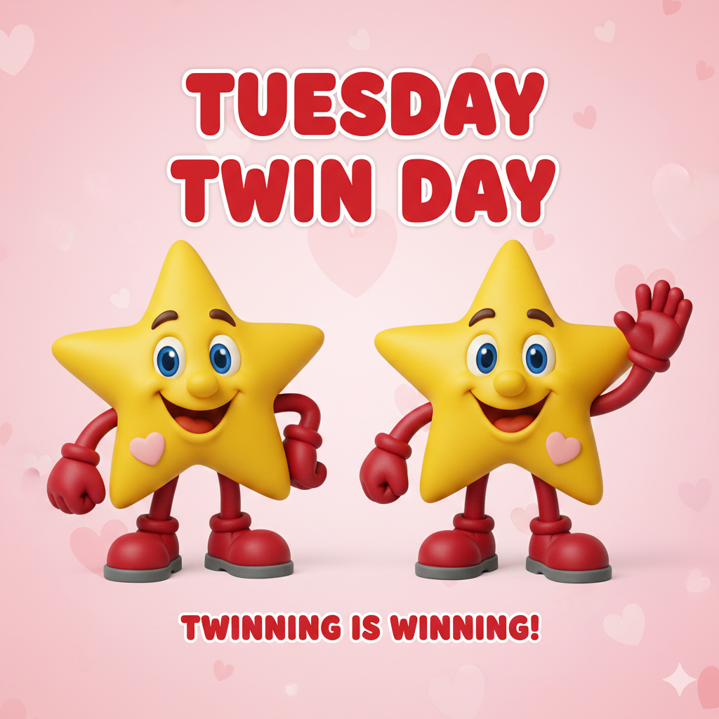 Image Description: A bright, festive digital graphic promoting "Tuesday Twin Day" for a school spirit week. The background is a soft pastel pink filled with subtle, floating heart shapes. In the center, two identical yellow 3D star characters—based on the Esperanza Star mascot—stand side-by-side. The stars have friendly, animated faces with large blue eyes and wide smiles. Each star has red limbs and red shoes. One star has its hand on its hip, while the other is waving. Both stars feature a small pink heart on their "chest" area. At the top, the words "TUESDAY TWIN DAY" are written in bold, rounded red letters with a white outline. At the bottom, the slogan "TWINNING IS WINNING!" is written in a matching red font. The overall theme is cheerful, inclusive, and Valentine’s Day-inspired.