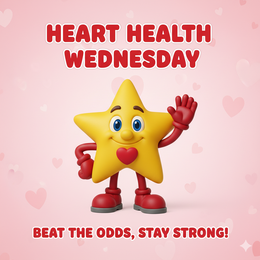 The image is a festive digital graphic promoting "Heart Health Wednesday" for a school spirit week, featuring a Valentine’s Day theme. Background: The background is a soft, light pink gradient filled with subtle, floating translucent pink heart shapes of various sizes, creating a warm and friendly atmosphere. Central Character: In the center stands a cheerful, 3D-animated yellow star character (the Esperanza Star mascot). The star has a friendly face with large, expressive blue eyes, a button nose, and a wide, happy smile. It has red cartoonish arms and legs with large red sneakers. On the center of its body is a vibrant, 3D red heart. The character is posing with one hand on its hip and the other raised in a friendly wave. Typography and Text: Top Text: The words "HEART HEALTH WEDNESDAY" are displayed at the top in large, bold, rounded red capital letters with a clean white outline to make them pop against the pink background. Bottom Text: At the bottom, the slogan "BEAT THE ODDS, STAY STRONG!" is written in a matching bold red font with a white outline. The overall design is bright, encouraging, and emphasizes physical well-being through a playful Valentine's lens.