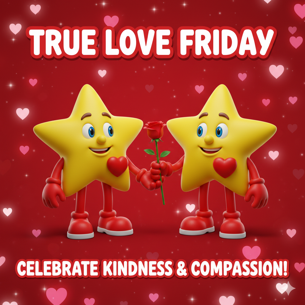 The image is a heartwarming digital graphic promoting "True Love Friday" for a school spirit week, set against a rich Valentine’s Day theme. Background: The background is a deep, vibrant red gradient. It is decorated with an array of floating 3D hearts in shades of pink, white, and red. Soft, glowing white sparkles are scattered throughout, creating a festive and magical atmosphere. Central Characters: In the center, two identical yellow 3D star mascots (based on the Esperanza Star) stand facing each other with joyful expressions and large blue eyes. They both have red arms, red legs, and red shoes. Each star features a prominent red 3D heart on its "chest." They are pictured holding a single, long-stemmed red rose between them, symbolizing friendship and kindness. Typography and Text: Top Text: The words "TRUE LOVE FRIDAY" are displayed at the top in large, bold, rounded white capital letters with a red outline. Bottom Text: At the bottom, the slogan "CELEBRATE KINDNESS & COMPASSION!" is written in a matching bold white font with a red outline. The overall design is warm and encouraging, focusing on the positive values of the school community.