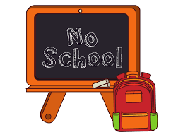 Chalkboard with "No School" written on it with a brown and green backpack on the floor to the right of the board