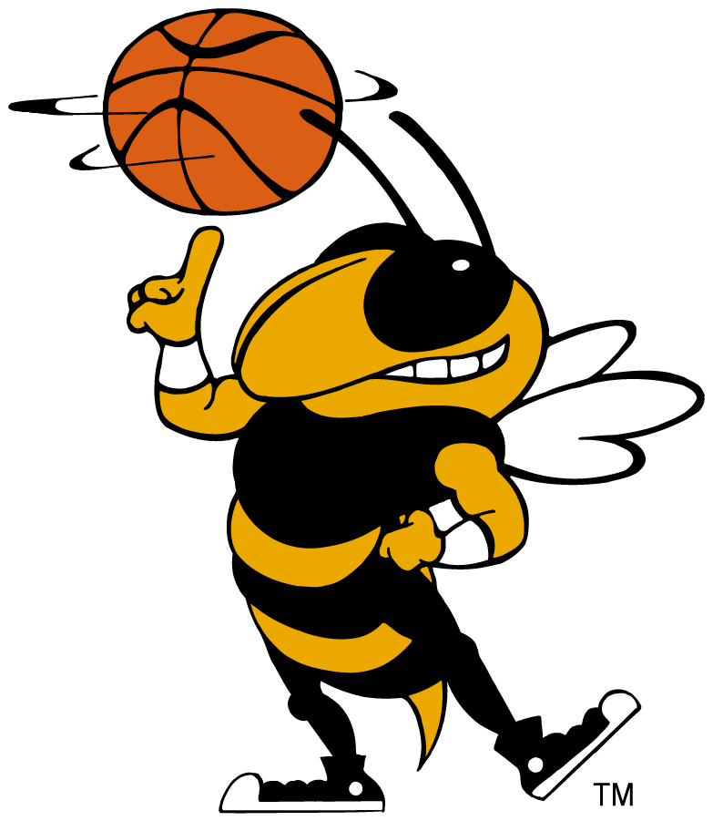 Buzz (a yellow and black yellowjacket mascot) spins a basketball on one finger