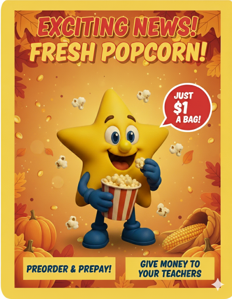 A festive Thanksgiving-themed flyer with a background in warm autumn colors like orange, red, and yellow, designed to look like a rustic wooden wall with subtle autumn leaves. A happy, yellow star mascot with a small yellow nose and blue gloves is smiling while holding a piece of popcorn and a red and white striped bucket overflowing with popcorn. The large text at the top reads: "EXCITING NEWS! FRESH POPCORN!" A red circular badge highlights the price: "JUST $1 A BAG!" The text below instructs: "PREORDER & PREPAY! GIVE MONEY TO YOUR TEACHERS!" The promotional text "Now available starting this Thursday!" is still visible near the top.