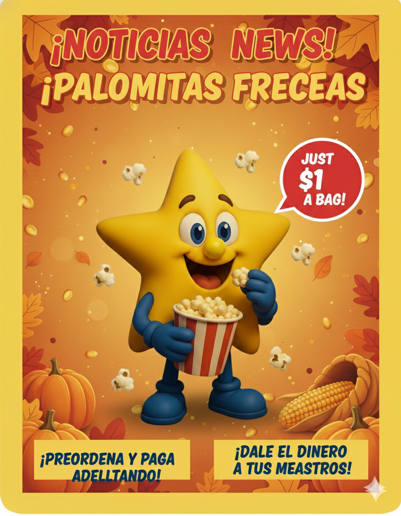 A festive Thanksgiving-themed flyer with a background in warm autumn colors like orange, red, and yellow, designed to look like a rustic wooden wall with subtle autumn leaves. A happy, yellow star mascot with a small yellow nose and blue gloves is smiling while holding a piece of popcorn and a red and white striped bucket overflowing with popcorn. The large text at the top reads: "¡NOTICIAS EMOCIONANTES! ¡PALOMITAS FRESCAS!" A red circular badge highlights the price: "¡SOLO $1 LA BOLSA!" The text below instructs: "¡PREORDENA Y PAGA POR ADELANTADO! ¡DALE EL DINERO A TUS MAESTROS!" The promotional text "Ahora disponible a partir de este jueves!" is still visible near the top.