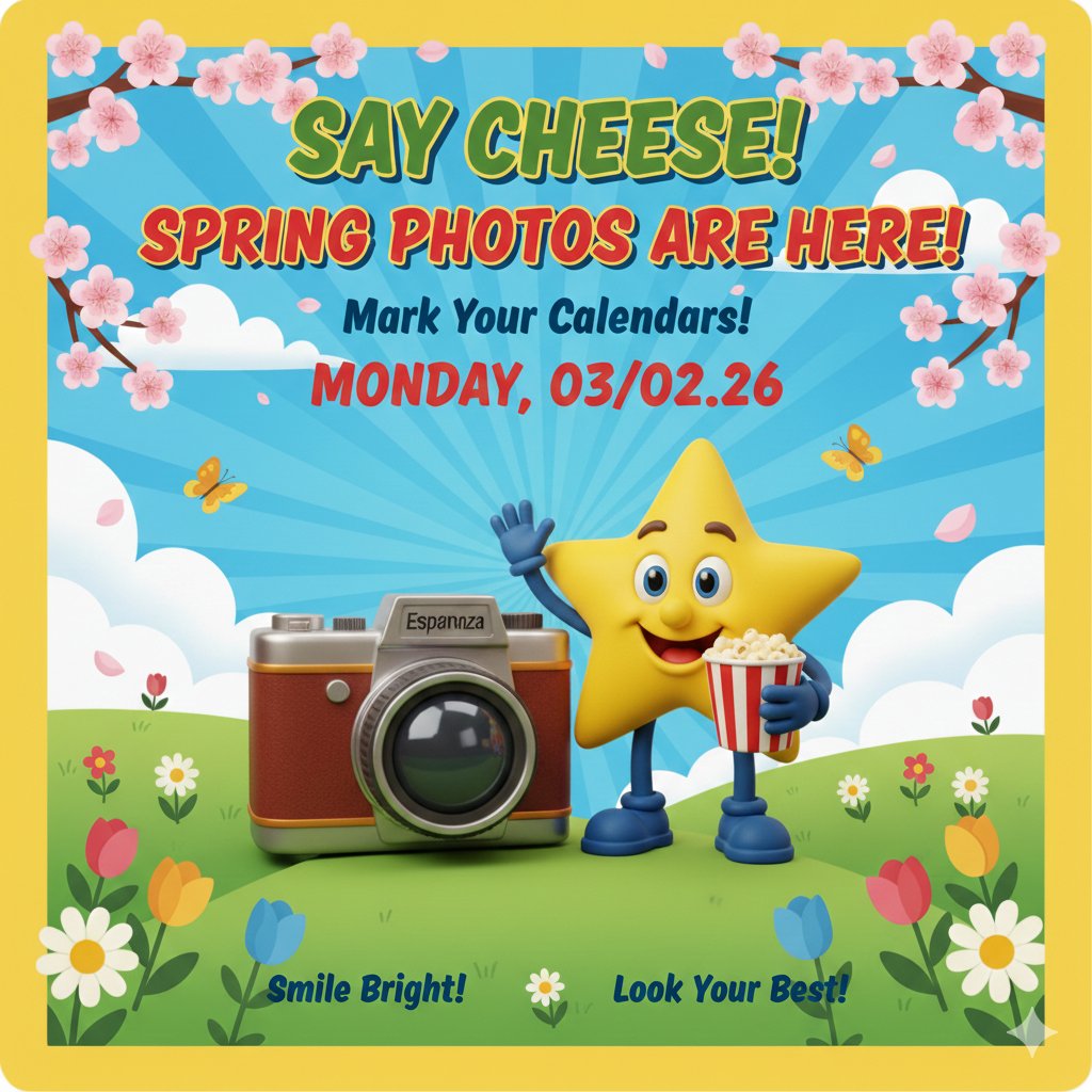 This digital poster uses a bright, cheerful aesthetic to announce an upcoming school photo day.  Central Visuals: The Esperanza Star mascot (a yellow 3D star with blue limbs) stands on a grassy hill. To its left is a large, vintage-style brown and silver camera with "Esperanza" subtly printed on the top. The star is waving with one hand and holding a small bucket of popcorn in the other.  Background: The setting is a Spring landscape with rolling green hills, white daisies, and orange, pink, and blue tulips. Two yellow butterflies fly in a bright blue sky with a sunburst pattern. Pink cherry blossom branches hang from the top corners.  Text & Information:  Main Header: At the top in bold, slanted green and red lettering: "SAY CHEESE! SPRING PHOTOS ARE HERE!"  Date Information: Centered below the header in blue and red text: "Mark Your Calendars! MONDAY, 03/02/26".  Footer Text: At the bottom of the hill in dark blue text: "Smile Bright!" and "Look Your Best!", separated by a small white daisy icon.  Border: The entire image is framed by a thick, warm yellow borde