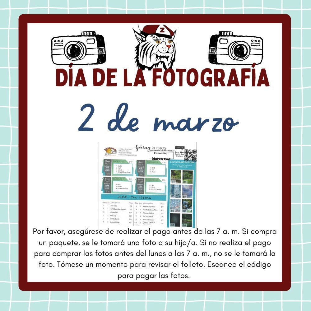 Picture Day March 2nd Must pay to have picture taken.