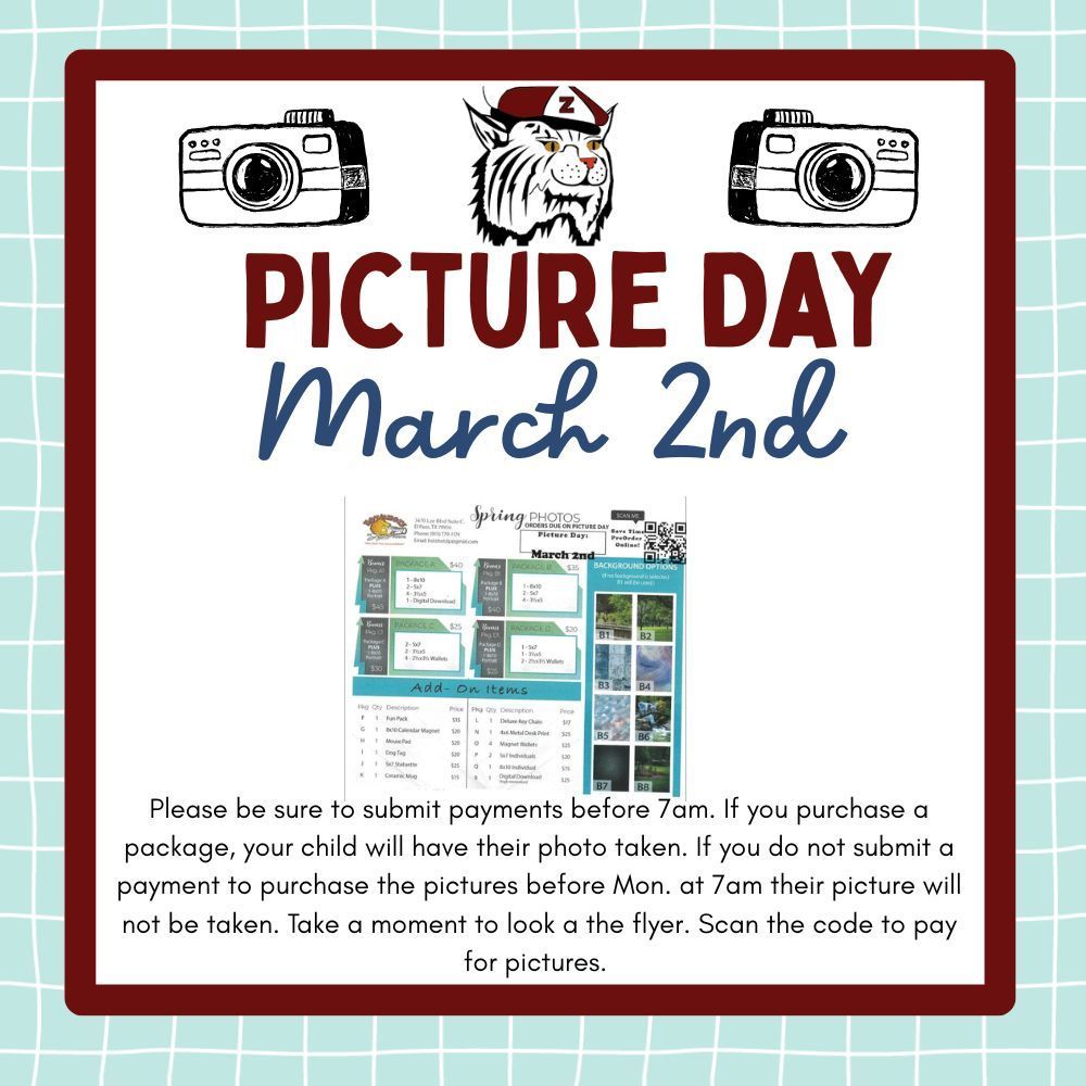 Picture Day March 2nd Must pay to have picture taken.