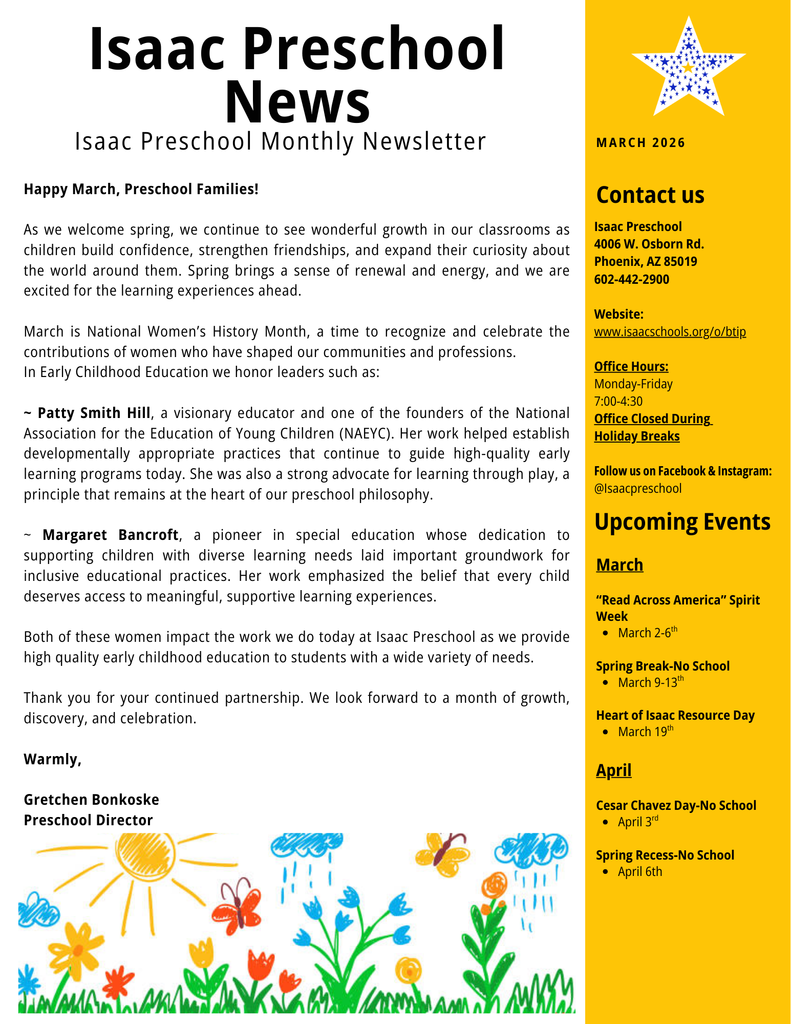 School newsletter with a message from the director and a yellow column with upcoming events and office info