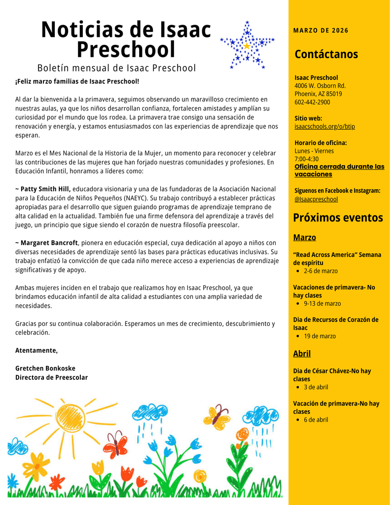 Boletín escolar con un mensaje del director y una columna amarilla con los próximos eventos e información de la oficina.