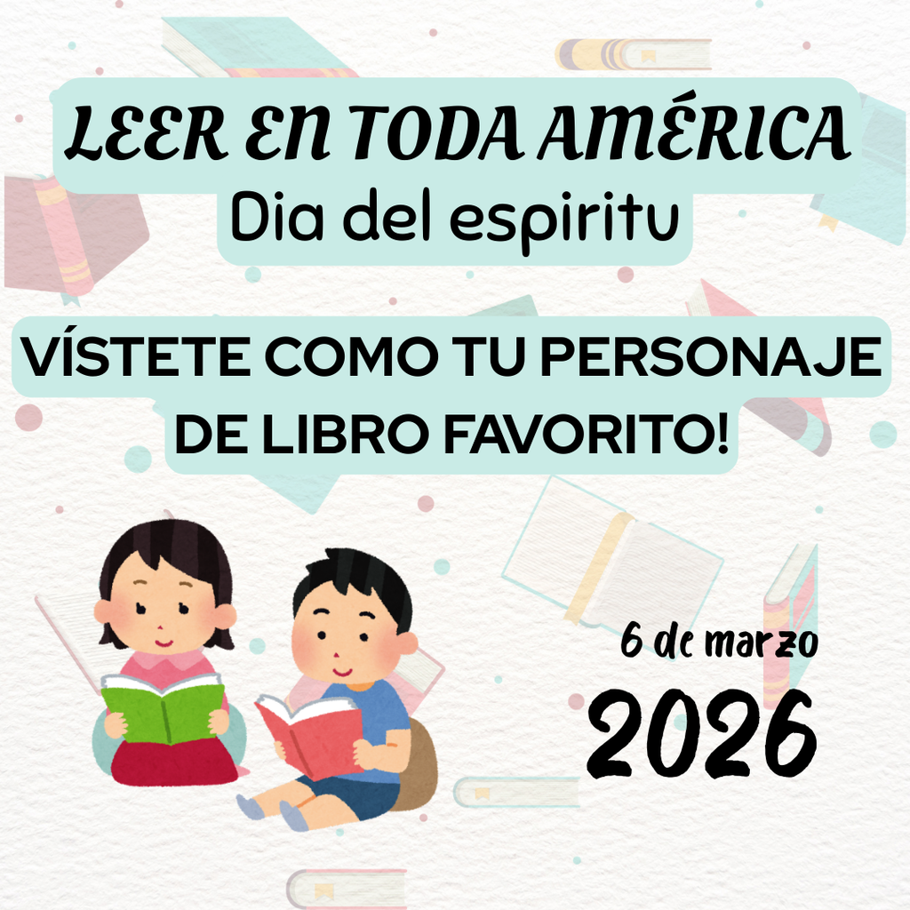 Volante para el día del espíritu de Read Across America con una imagen de dibujos animados de un niño y una niña leyendo con un fondo de diferentes libros.