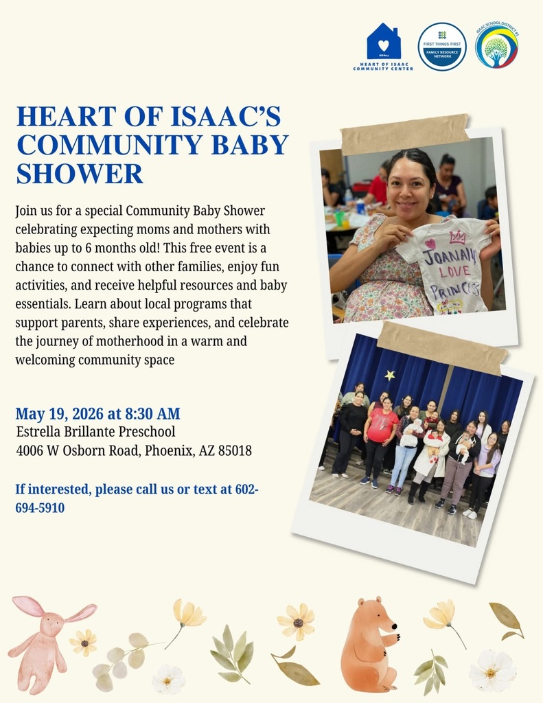 We invite our expecting moms to join the Community Baby Shower hosted by Casita Azul (HOI) – Heart of Isaac. 💙👶 A special event to celebrate and support our growing families.  For more information, please contact Casita Azul at 602-442-0583.