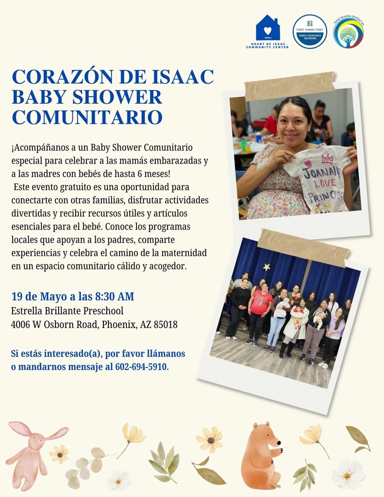 We invite our expecting moms to join the Community Baby Shower hosted by Casita Azul (HOI) – Heart of Isaac. 💙👶 A special event to celebrate and support our growing families.  For more information, please contact Casita Azul at 602-442-0583.