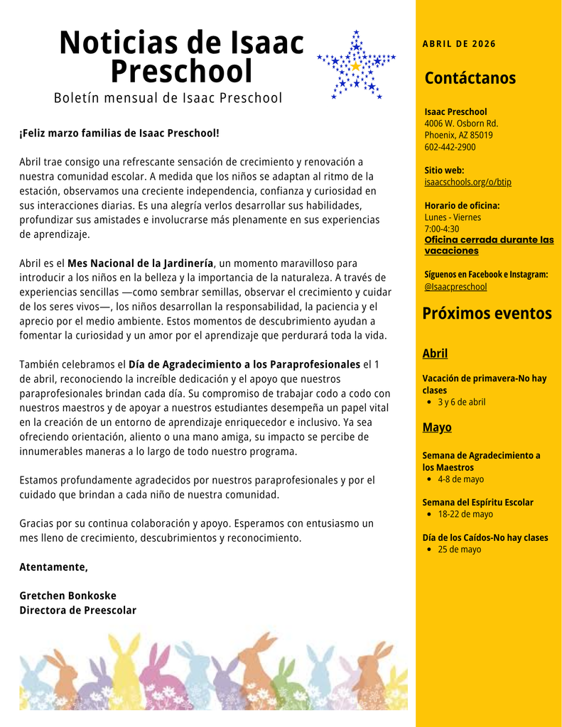 Boletín escolar con un mensaje del director y una columna amarilla con los próximos eventos e información de la oficina.