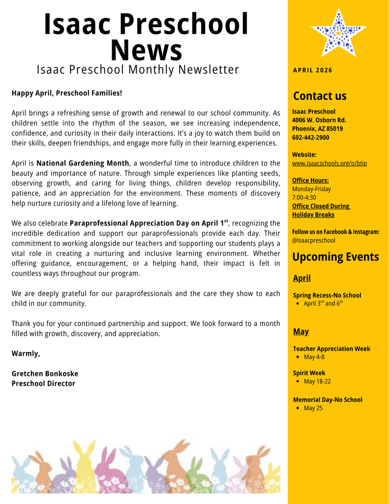 School newsletter with a message from the director and a yellow column with upcoming events and office info