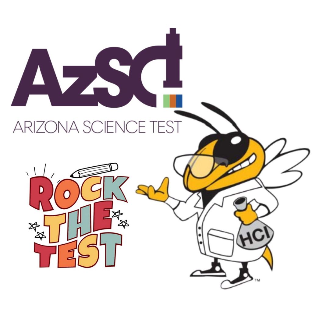 AzSCI Arizona Science Test. Rock the test. MKU Yellowjacket mascot is dressed as a scientists
