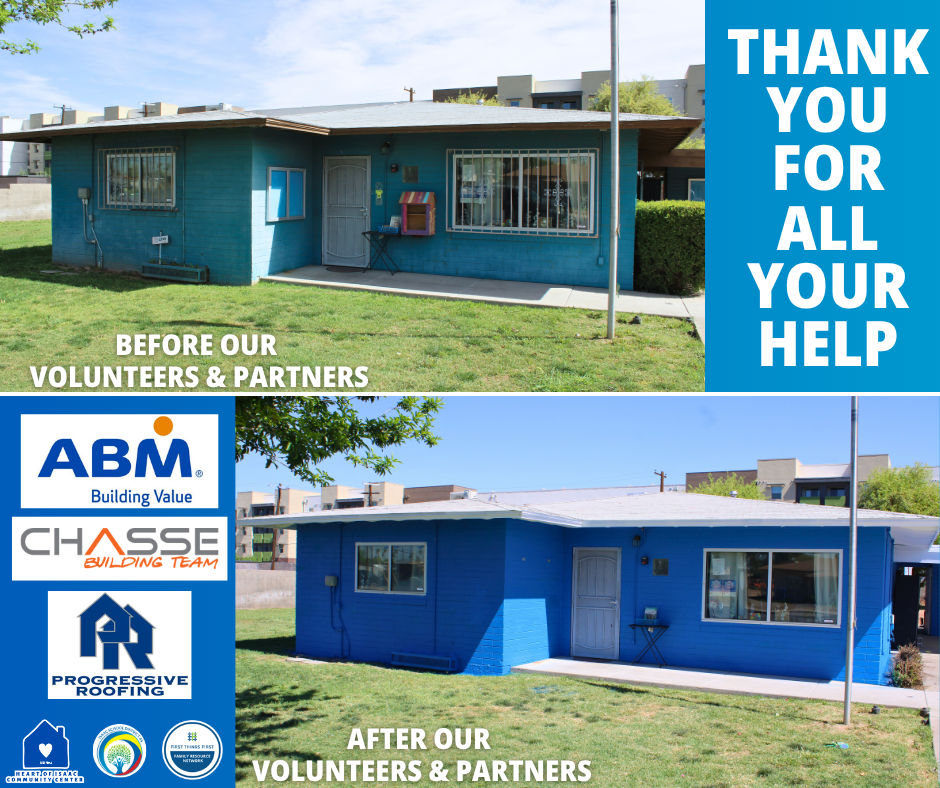 Graphic to show heart of isaac casita painting transformation and community partner logos