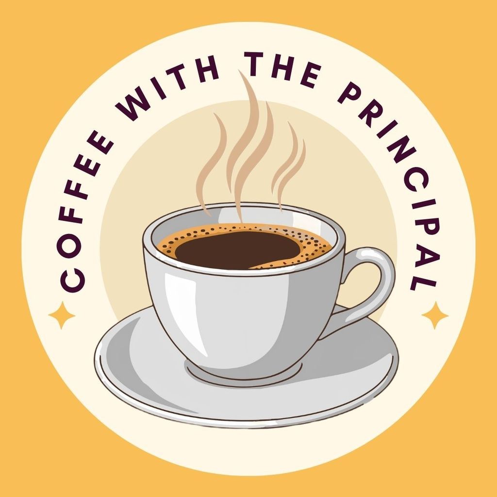 Coffee with the principal. A coffee cup on a saucer sits in the middle of the page with steam coming out of it.