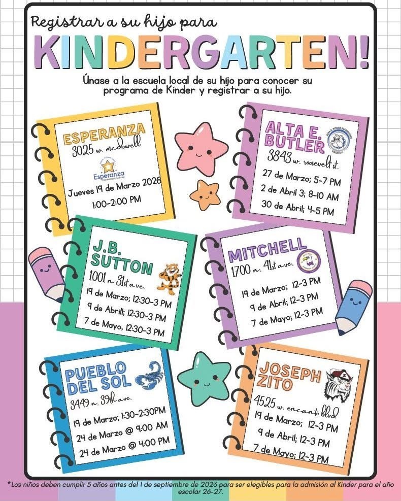 Folleto escolar que destaca las fechas y horarios de las inscripciones para el jardín de infancia en las diferentes escuelas del distrito.